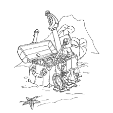 coloring page: Coloring with the image of a treasure chest, pirate accessories and vegetation