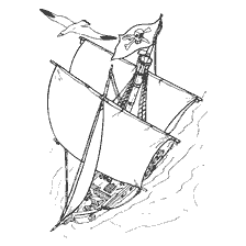 coloring page: Coloring of a pirate ship with a flag and white sails