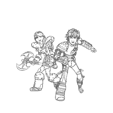 pagina da colorare: Hiccup e Astrid, personaggi del cartone animato How to Train Your Dragon, sul libro colorante