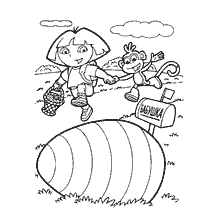 pagina da colorare: Dora e la sua amica scimmia festeggiano la Pasqua su un libro colorante.