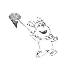 coloriage: Un g&egrave;ne avec un filet sur un livre de coloriage d'un dessin anim&eacute; Barboskina