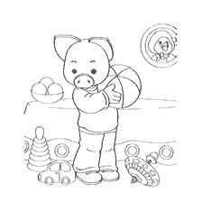 coloring page: Pig hugs the ball against the background of toys and eggs