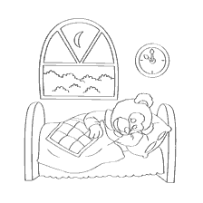 coloring page: The bear sleeps in a crib under a blanket, a window with the moon in the background