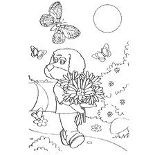 coloring page: Philia from Good Night, Kids! with a bouquet of flowers among butterflies