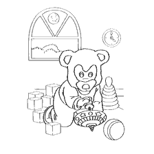coloring page: The bear plays with toys in the room