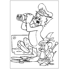 coloring page: Coloring with Tom dressed in a navy suit and Jerry helping him.