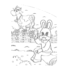 coloring page: Picture with the character Stepachka and a cow against the background of flowers