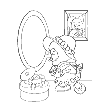 coloring page: Karkusha looks in the mirror, dressed in a beautiful dress and jewelry
