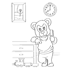 coloring page: The bear stands next to the dresser and plays with a toy