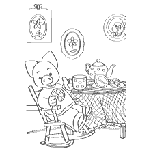 coloring page: Pig sits on a rocking chair at a table with tea and cookies