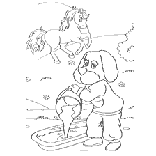coloring page: Filya pouring water into the basin, next to him running pony