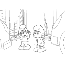 pagina da colorare: Puffi da colorare: Puffi Prudent e Smurf Grumpy sullo sfondo della città