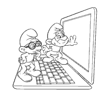 pagina da colorare: Puffi Prudent e Papa Smurf al computer