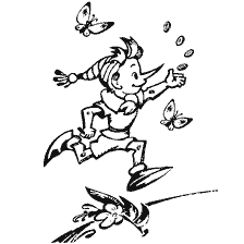 coloring page: Buratino jumping with gold coins and butterflies
