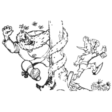 coloring page: Buratino runs away from giant by Italian pine on coloring book
