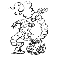 coloring page: Buratino prepares soup with boiler and smoke
