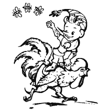 coloring page: Buratino rolls on a rooster with a bouquet of flowers