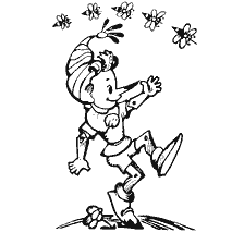 coloring page: Buratino dances cheerfully among the flowers