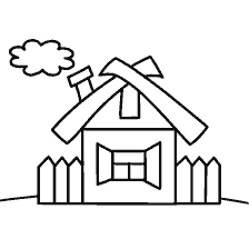 página para colorear: Un dibujo de una casa sencilla con una nube y una cerca