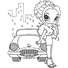 kleurplaat: Tekening van een glamoureus meisje bij een auto