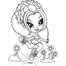 kleurplaat: Tekening van een glamoureus meisje springen met een touw tussen bloemen