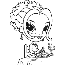 kleurplaat: Glamorous girl by Lisa Frank, een meisje met pasta en een drankje