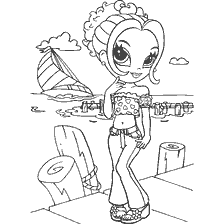 kleurplaat: Glamorous girl by Lisa Frank met een strand en een zeilboot op de achtergrond