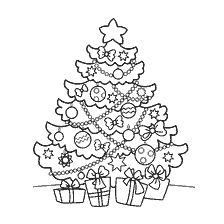 página para colorir: Colorir &aacute;rvore de Natal com brinquedos e presentes