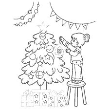 página para colorir: A menina na cadeira veste a &aacute;rvore de Natal com brinquedos