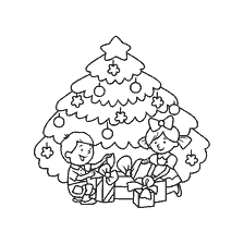 página para colorir: Crian&ccedil;as pintam presentes na &aacute;rvore de Natal