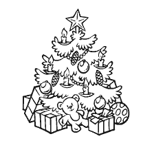 página para colorir: &Aacute;rvore de Natal com presentes e um cub de urso
