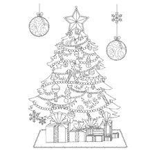 página para colorir: Colorir uma bela &aacute;rvore de Natal com brinquedos e presentes