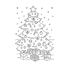 página para colorir: Colorir &aacute;rvore de Natal com presentes e flocos de neve