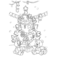 página para colorir: Livro de colora&ccedil;&atilde;o infantil com uma &aacute;rvore de Natal, um urso e uma lebre