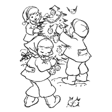 página para colorir: Crian&ccedil;as feliz decorar a &aacute;rvore de Ano Novo