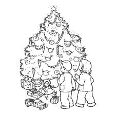 página para colorir: Colorir com uma &aacute;rvore de Natal e crian&ccedil;as