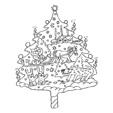 página para colorir: Colorir com uma &aacute;rvore de Natal incomum, que retrata hares, um cavalo e um urso em um tren&oacute;.