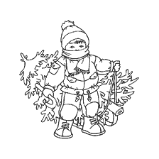 página para colorir: Um rapaz com uma &aacute;rvore de Natal nas m&atilde;os