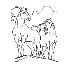 coloring page: Two beautiful horses on the background of clouds for painting