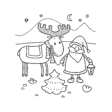 página para colorir: Pai Natal e veado contra o fundo da paisagem de inverno