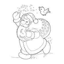 página para colorir: Papai Noel vem com um saco de presentes, ao lado dele voando um p&aacute;ssaro