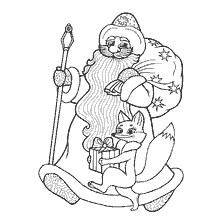 página para colorir: Papai Noel com um saco de presentes e uma raposa