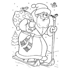 página para colorir: Papai Noel com um saco de presentes em esquis na floresta de inverno