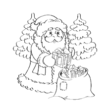 página para colorir: Papai Noel det&eacute;m presentes perto da bolsa