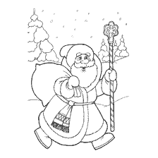 página para colorir: Colora&ccedil;&atilde;o do Papai Noel com um saco de presentes e uma equipe contra o fundo da paisagem de inverno