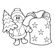 página para colorir: Pai Natal com uma &aacute;rvore de Natal e presentes em um saco