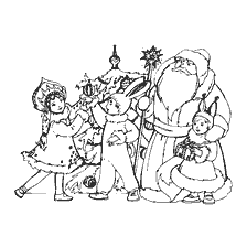 página para colorir: Pai Natal com crian&ccedil;as na &aacute;rvore de Natal