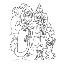 página para colorir: Pai Natal com uma Donzela de neve e uma lebre no fundo de abeto