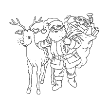 página para colorir: Papai Noel e seu veado Rudolph com presentes