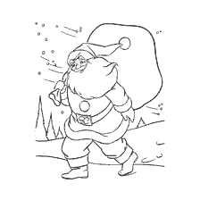 página para colorir: Papai Noel com um saco de presentes em uma rua nevada